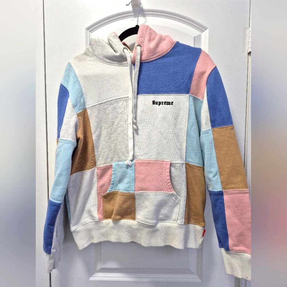 Supreme White Multi Color Cotton Patchwork Drawstring Hooded Sweater Large